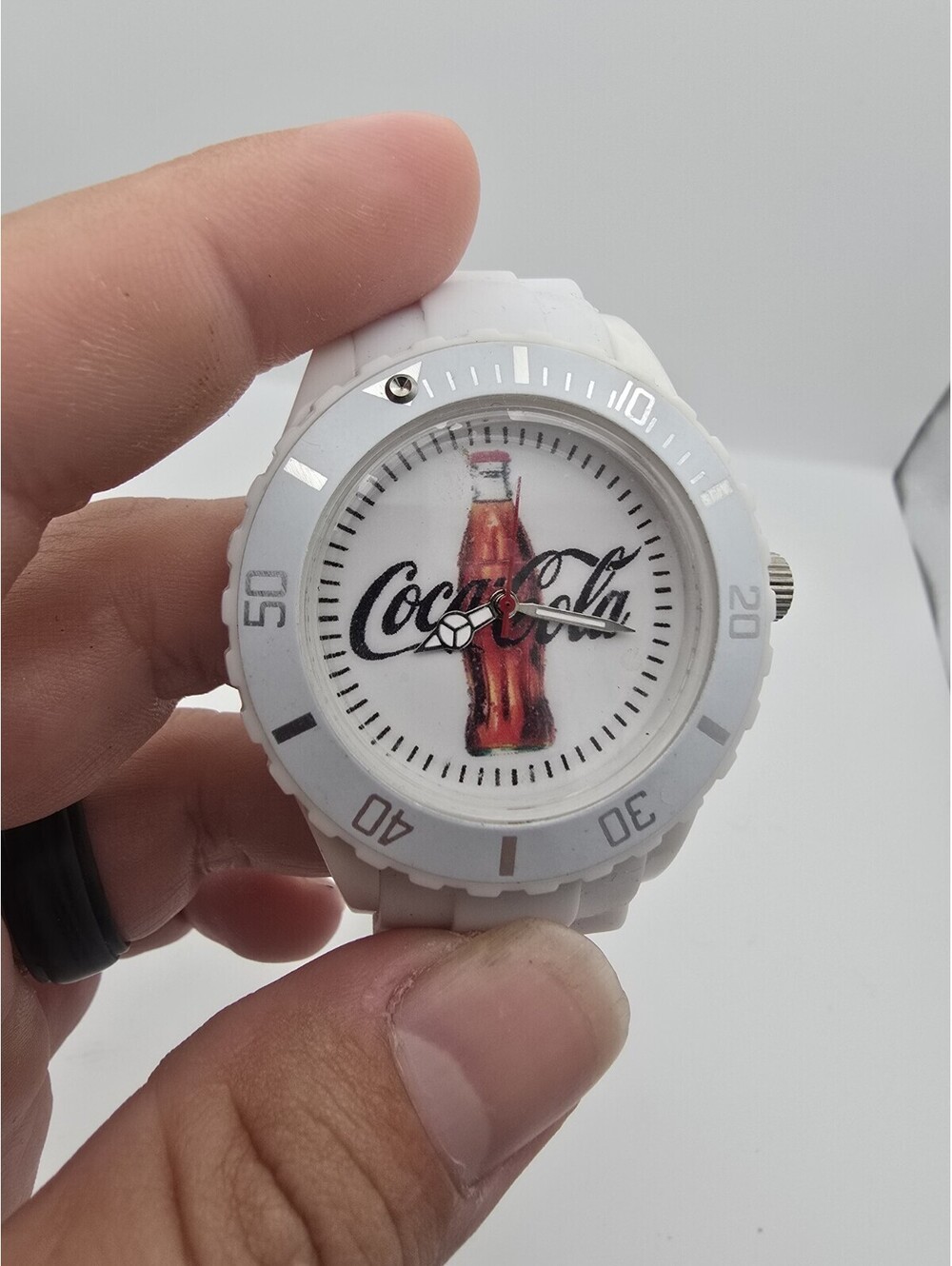 Coca-Cola Bottle Logo White Silicone Watch Rotating Bezel Style Round Dial
